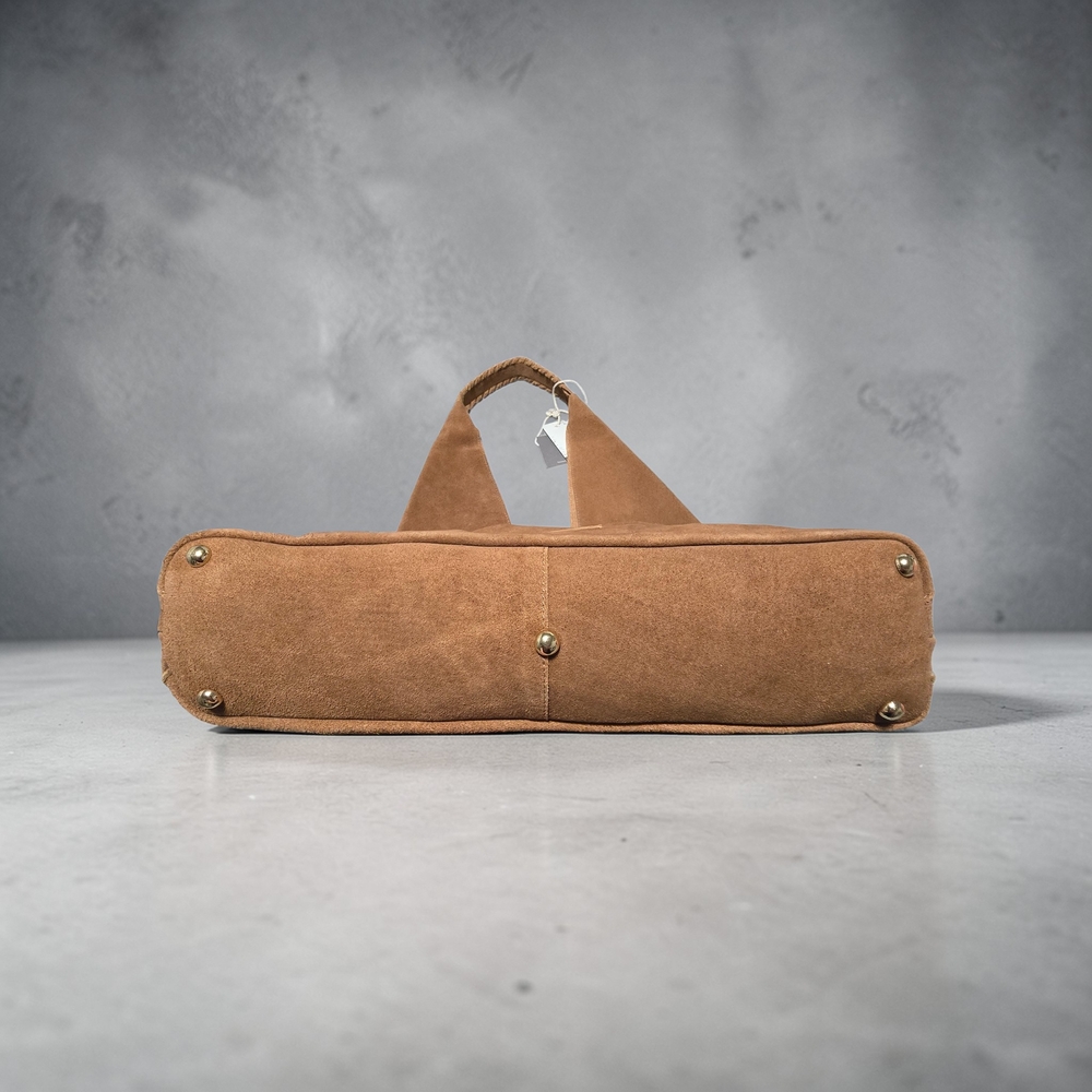 Haute Hippie Camel Brown Triangle Hobo Bag 100% Genuine Suede Leather - Picture 6 of 7
